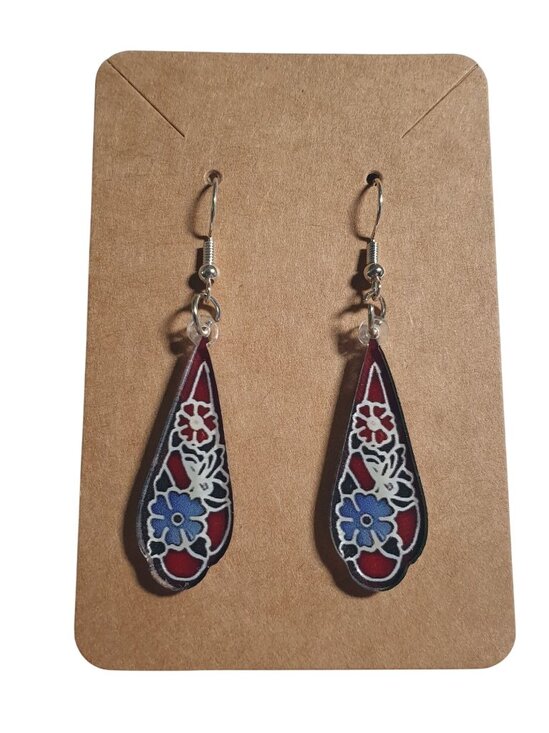 Stained Glass Look Teardrop Dangle Earring Acrylic Floral Art Design Lightweight - Picture 1 of 4